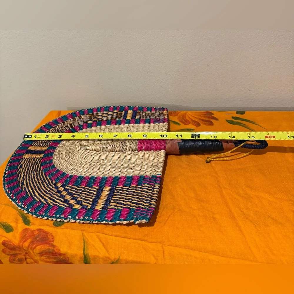 Vintage African Bolga Hand Woven Straw Fan Leather Handle Boho Wall Decor